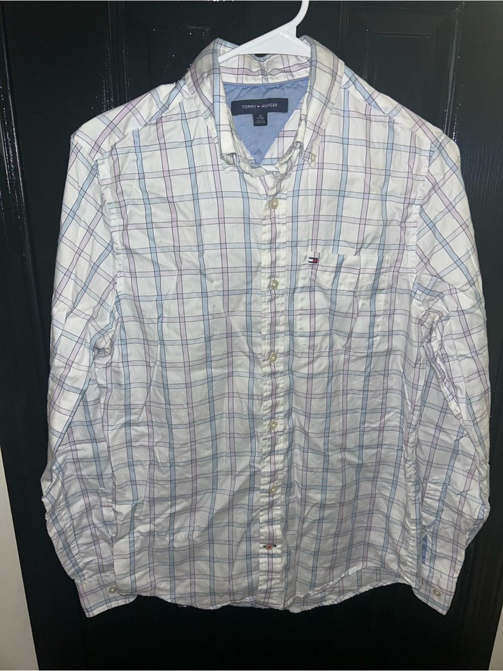Tommy Hilfiger Men’s White Button-Down Shirt with Blue & Purple Plaid